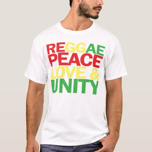 Reggae. Frieden, Liebe u. Einheit T-Shirt (Vorderseite)