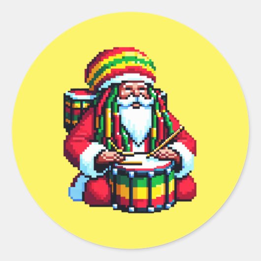 Reggae Santa Drummer - Fun Pixel Art Christmas Runder Aufkleber (Vorderseite)
