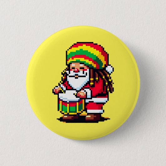 Reggae Santa Drummer Fun Pixel Art Weihnachtsmusik Button (Vorderseite)
