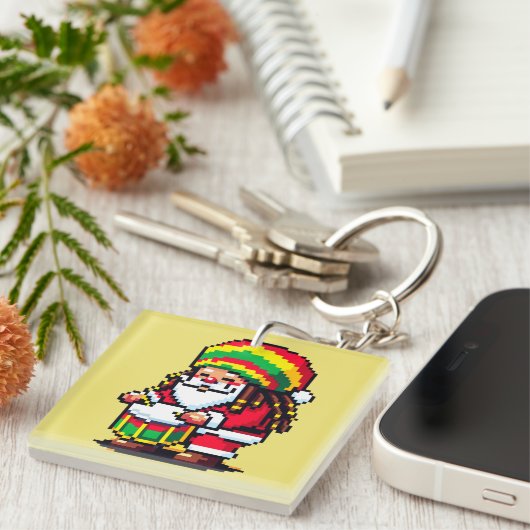 Reggae Santa Drummer Fun Pixel Art Weihnachtsmusik Schlüsselanhänger (Vorderseite rechts)