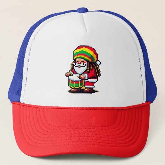 Reggae Santa Drummer Fun Pixel Art Weihnachtsmusik Truckerkappe (Vorderseite)