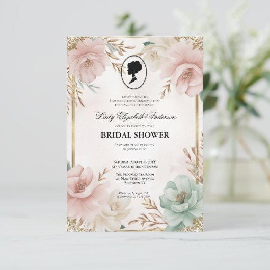 Regimezeit Florals Bridgerton Brautparty Invit Einladung (Stehend Vorderseite)