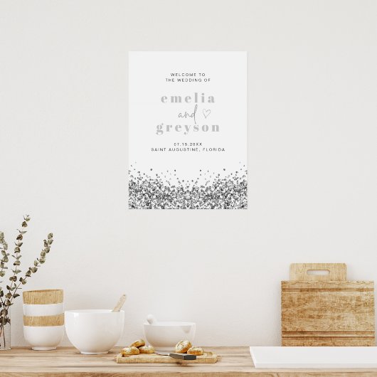 REGINA Glam Silver Glitzer Sequins Wedding Welcome Poster (Küche)