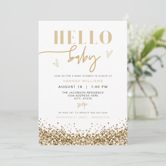 REGINA Hello Baby Yellow Gold Sequins Baby Dusche Einladung (Stehend Vorderseite)