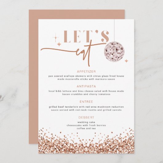 REGINA Rose Gold Disco Wedding Let's eat Menu Menükarte (Vorne/Hinten)