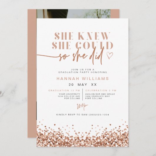 REGINA Rose Gold Glitzer Sie tat es Abschluss Einladung (Vorne/Hinten)