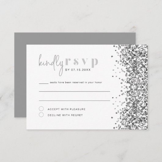 REGINA Silver Glitzer Sequins Disco RSVP Card Einladung (Vorne/Hinten)