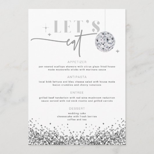 REGINA Silver Sequins Disco Wedding Let's Eat Menu Menükarte (Vorderseite)