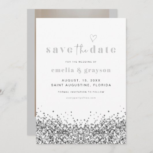 REGINA Silver Sequins Glitzer Save the Date Einladung (Vorne/Hinten)