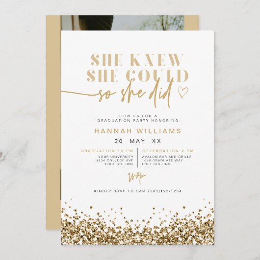 REGINA Yellow Gold Glitzer Sie hat es getan Abschl Einladung (Vorne/Hinten)