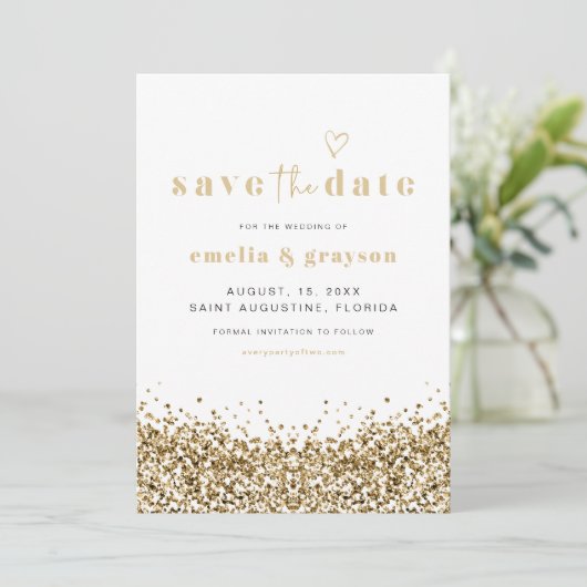 REGINA Yellow Gold Sequins Glitzer Save the Date Einladung (Stehend Vorderseite)