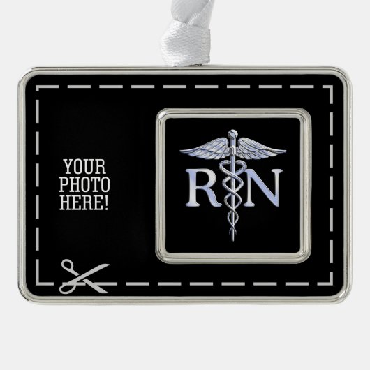 Registered Nurse RN Caduceus Schlangen auf schwarz Rahmen-Ornament Silber (Vorderseite)