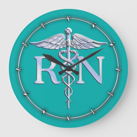 Registered Nurse RN Silver Caduceus on Turquoise Große Wanduhr (Vorderseite)