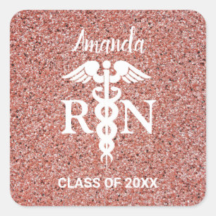 Registriert Nurse Caduceus Rose Gold Glitzer Name Quadratischer Aufkleber