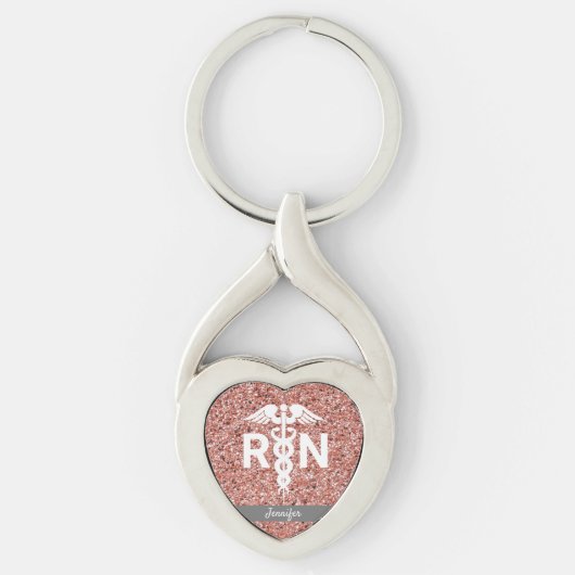 Registriert Nurse RN Caduceus Rose Gold Glitzer Schlüsselanhänger (Vorderseite)