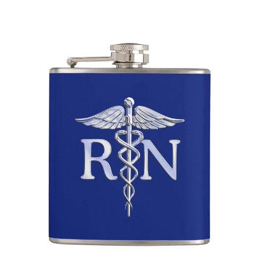 Registriert Nurse RN Silver Caduceus auf Navy Blue Flachmann (Vorderseite)