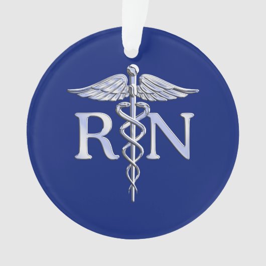 Registriert Nurse RN Silver Caduceus auf Navy Blue Ornament (Vorderseite)