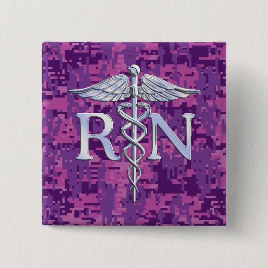Registriert Nurse RN Silver Caduceus Fuchsia Camou Button (Vorderseite)