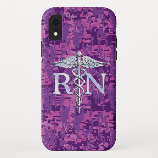 Registriert Nurse RN Silver Caduceus Fuchsia Camou Case-Mate iPhone Hülle (Rückseite)