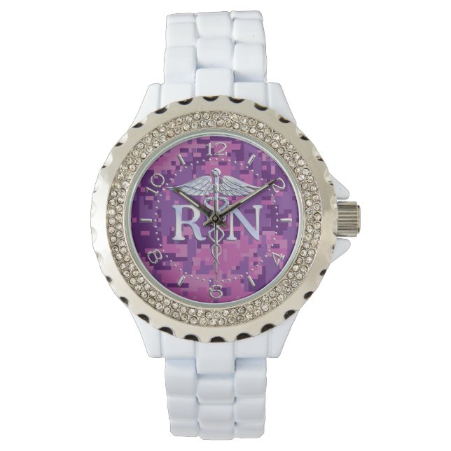 Registriert Nurse RN Silver Caduceus Fuchsia Watch Armbanduhr (Vorderseite)