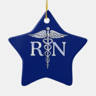 Registriert Nurse RN Silver Caduceus Navy Blue Dek Keramik Ornament