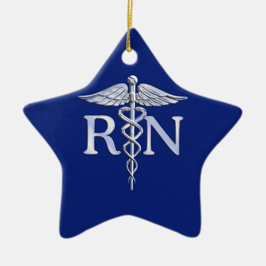 Registriert Nurse RN Silver Caduceus Navy Blue Dek Keramik Ornament (Vorne)