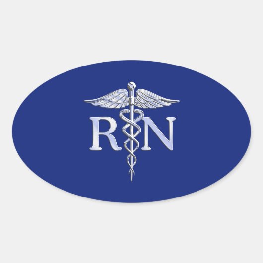 Registriert Nurse RN Silver Caduceus Navy Blue Dek Ovaler Aufkleber (Vorderseite)