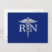 Registriert Nurse RN Silver Caduceus Navy Blue Dek Postkarte (Vorne/Hinten)