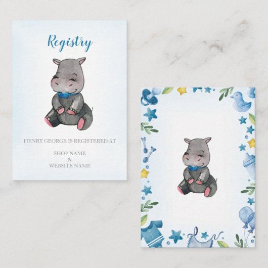 Registrierungskarte | Babyparty | Junge| Hippo Begleitkarte (Vorne/Hinten)