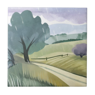 Regnerischer Tag   Natur Aquarell Hügel Landschaft Fliese