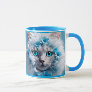 Regular blue mug with beautiful white cat  tasse