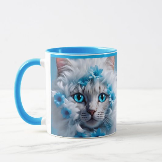 Regular blue mug with beautiful white cat tasse (Links)