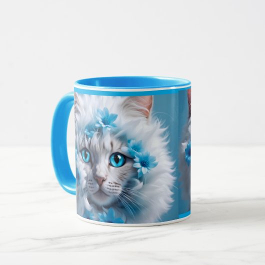 Regular blue mug with beautiful white cat  tasse (Vorderseite Links)