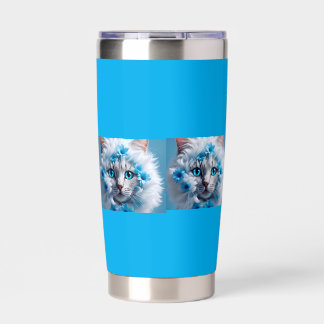 Regular blue mug with beautiful white cat  thermobecher
