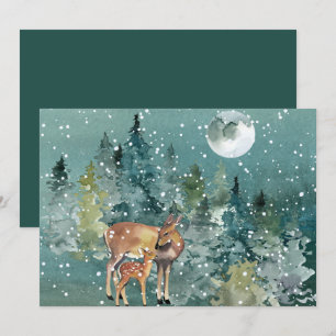 Reh Ricke Hirschkalb Wald Vollmond Schneefall Aqua Feiertagskarte