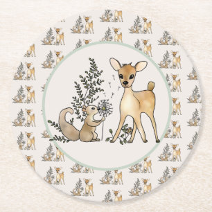 Reh und Eichhörnchen  Runder Pappuntersetzer