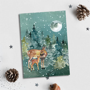 Reh und Hirschkalb im Wald Vollmond Schneefall Feiertagskarte