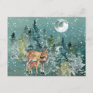 Reh und Hirschkalb im Wald Vollmond Schneefall Postkarte