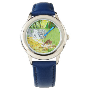 Reh und Hirschkuh Edelstahl Blau Kinderuhr Armbanduhr