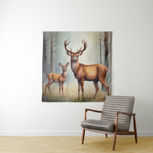 Reh und Kitz im Waldlicht Landschaft Wandteppich (Beispiel)