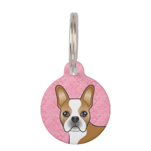 Rehbrauner und weißer Boston Terrier Kopf auf rosa Haustiermarke