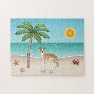 Rehbrauner und Weißer Iggy-Hund an einem tropische Puzzle