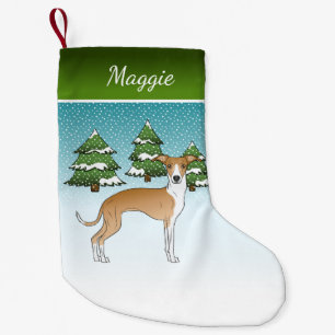 Rehbrauner und weißer Italienischer Windhund im Wi Kleiner Weihnachtsstrumpf