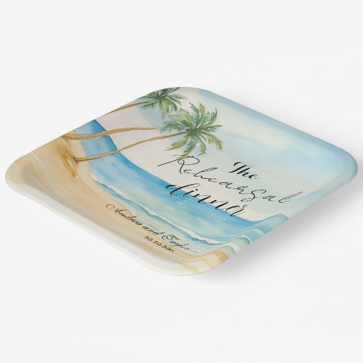 Rehearsal Dinner Beach and Palm Trees Wedding Pappteller (Gewinkelt)