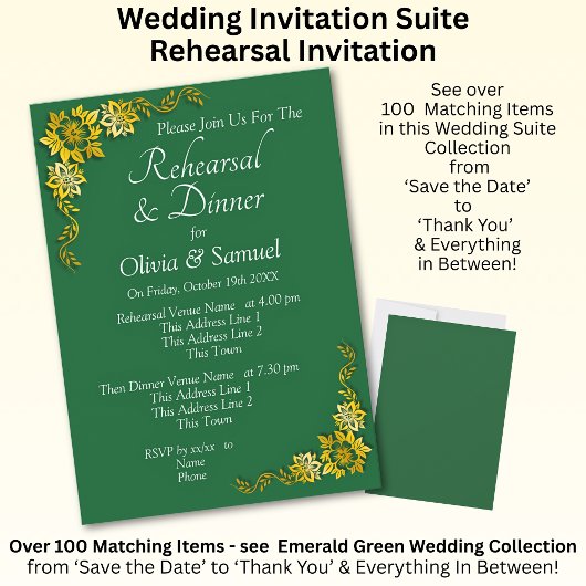 Rehearsal Invitation Card Emerald Green & Gold Einladung