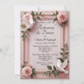 Rehearsal Invitation Card Pink Roses & Doves Einladung (Vorderseite)