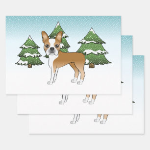 Rehfarben-weißer Boston Terrier in einem Winterwal Geschenkpapier Set