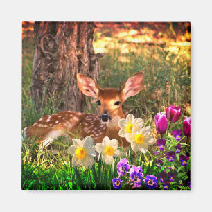Rehkitz mit Frühlingsblumen Narzissen / Tulpen Magnet