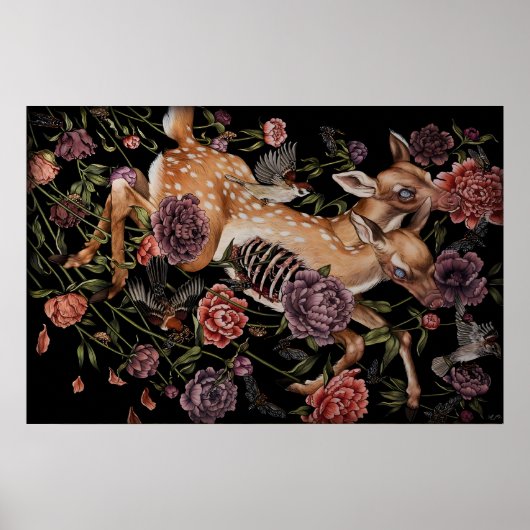 Rehkitz mit Vögeln und Blumen gothische Botanik Poster (Vorne)