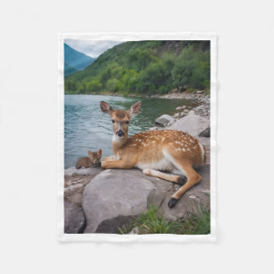 Rehkitz und Katze am Fluss Kuschel-Fleece-Decke Fleecedecke